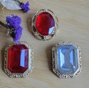 Vintage Red and White Rhinestone Costume Brooch Set